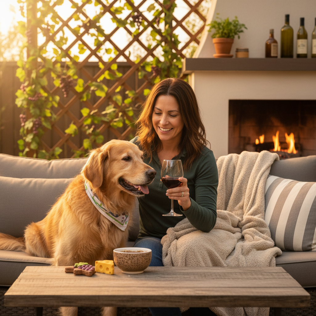 Happy dog and owner enjoying wine together.