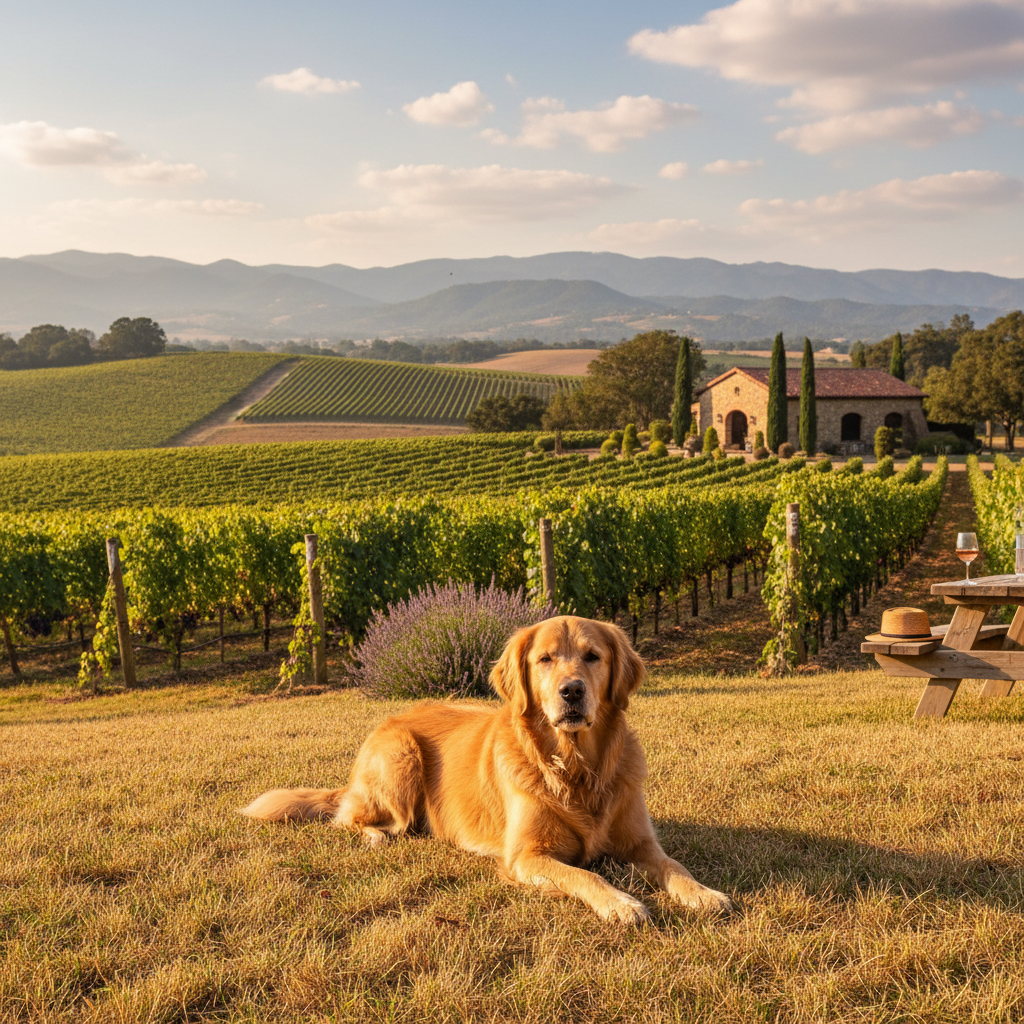 Pet-friendly wine tours in Sonoma with a dog lounging in the sun among grapevines