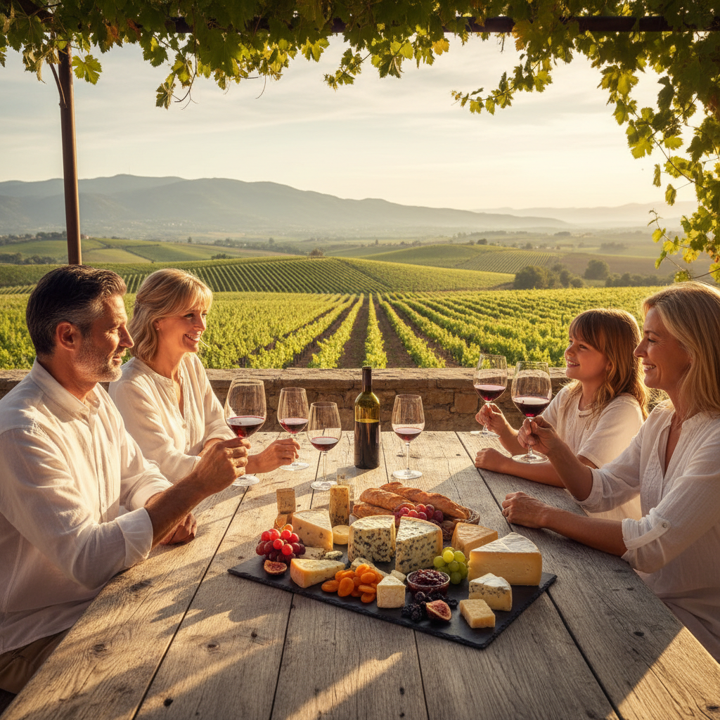 A family enjoying a wine tasting with cheese pairings