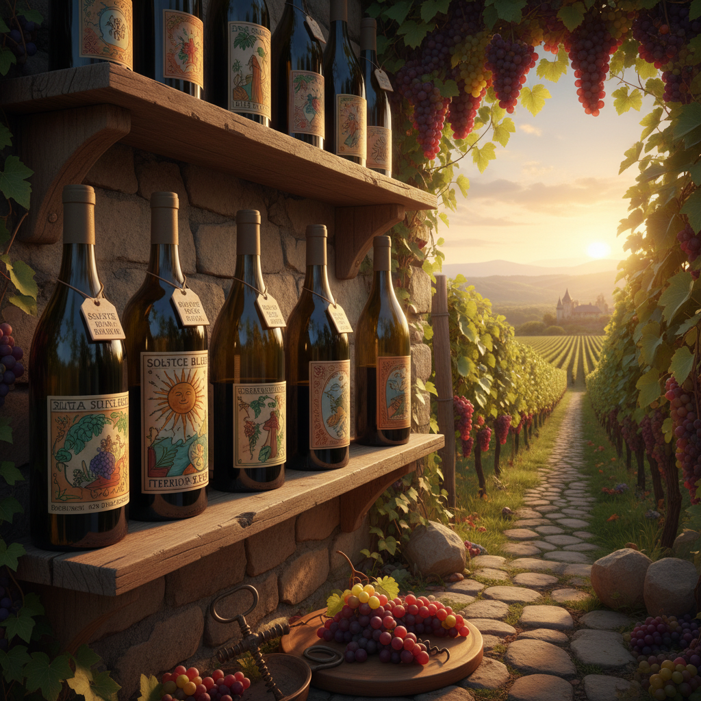 Artisan wine bottles displayed in a quaint vineyard setting