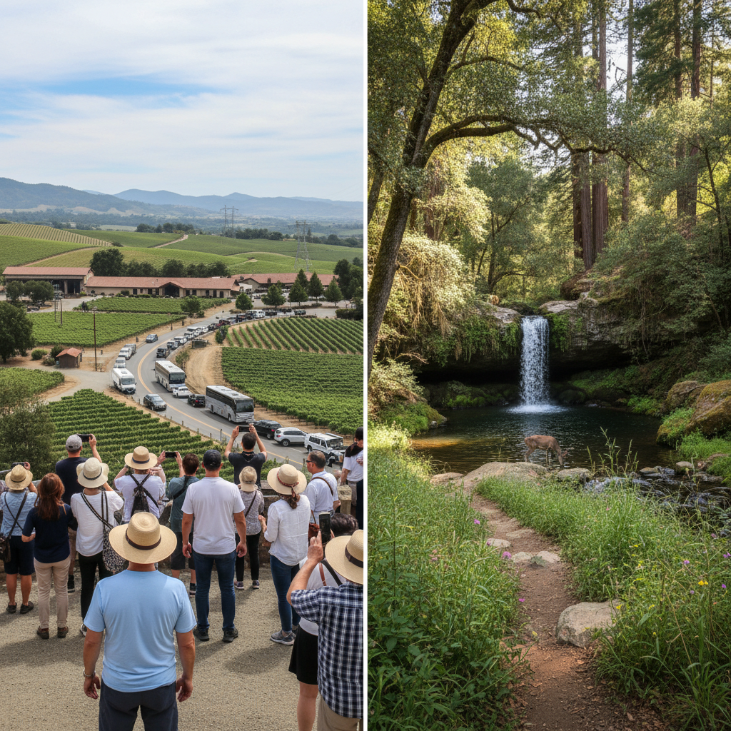 Side-by-side comparison of crowded tourist viewpoint versus peaceful hidden photography location