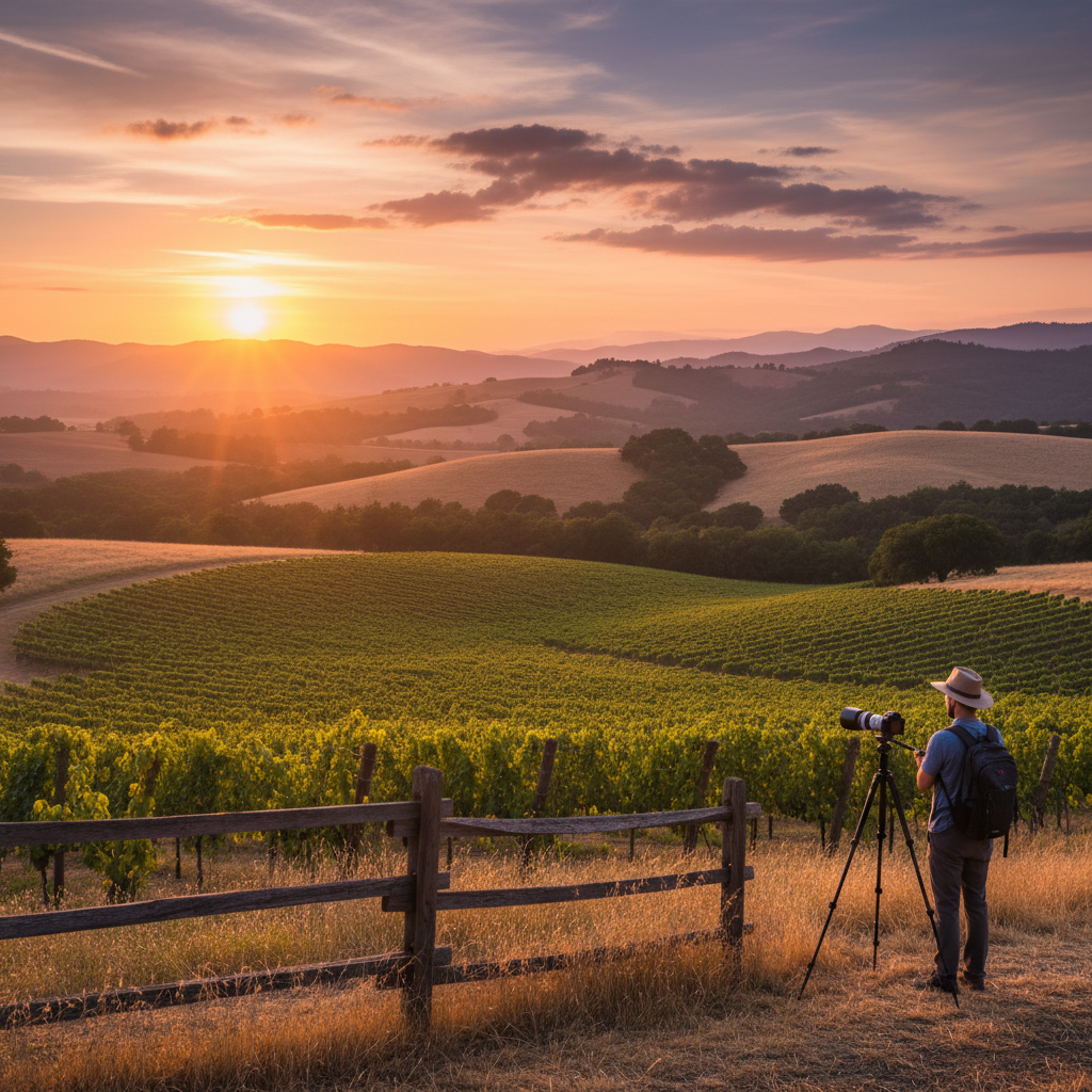 Stunning view of Napa Valley at sunset with vineyards